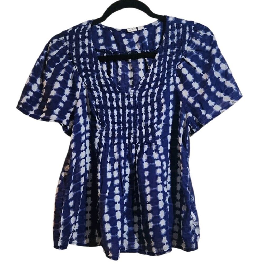 Smocked Navy Blue & White Flowy Top S Gap Lightweight Cotton Blouse Beachy Coast